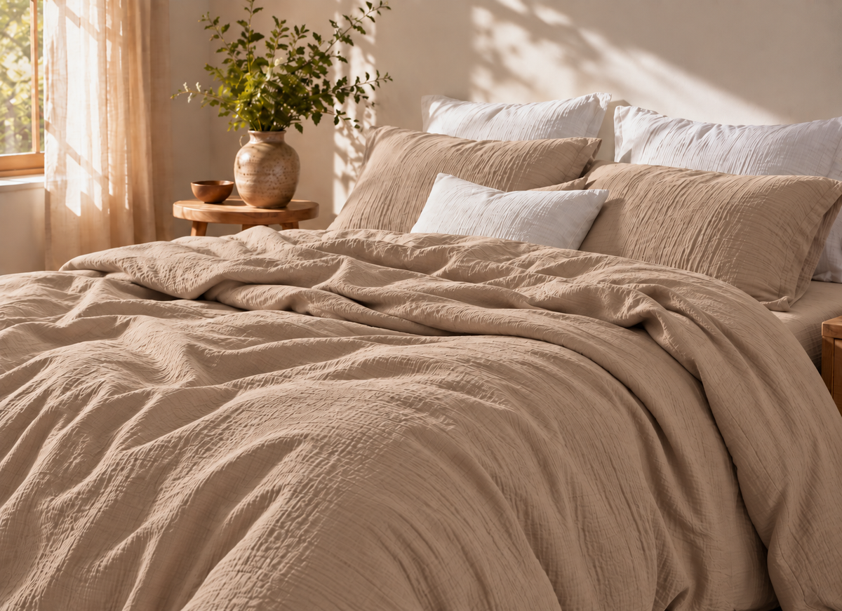 Parure de lit en coton fil froissé Café Crème, housse de couette et taies d'oreiller assorties – Atelier Somey