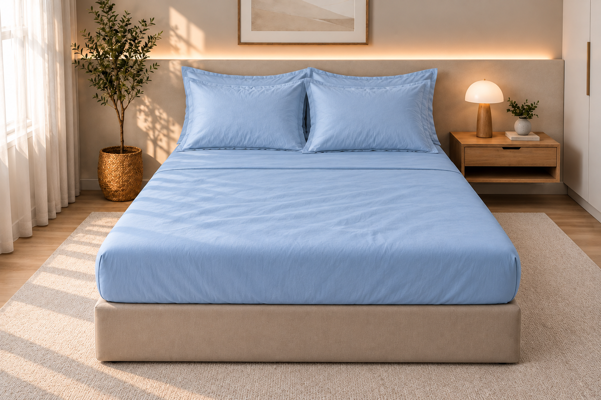 Drap-housse en coton Bleu Azur – vue 2 – Atelier Somey