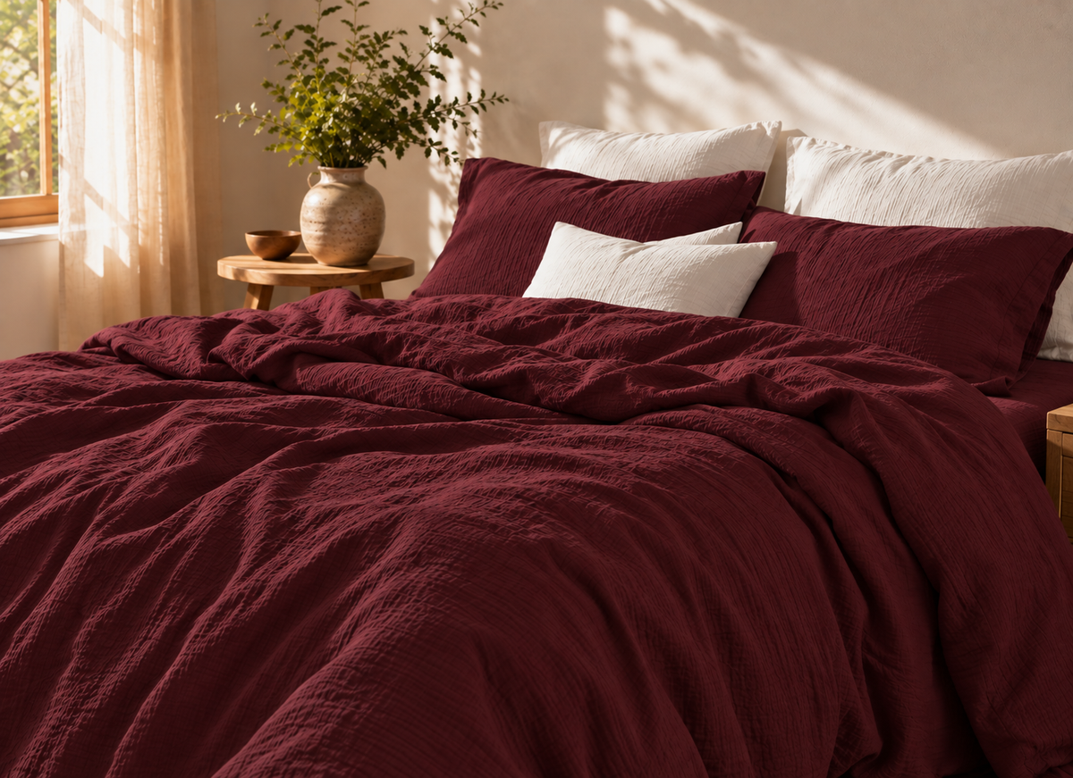 Parure de lit en coton fil froissé Lie de Vin, housse de couette et taies d'oreiller assorties – Atelier Somey