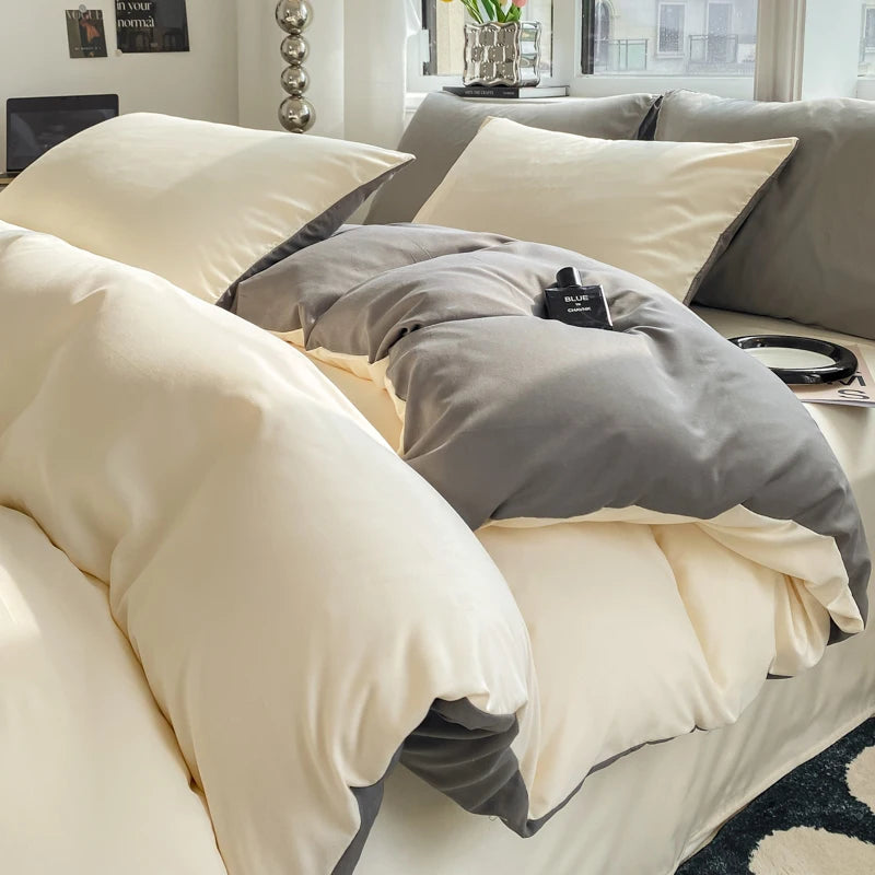 Kit Housse de couette + Taie Reversible Creme/Gris