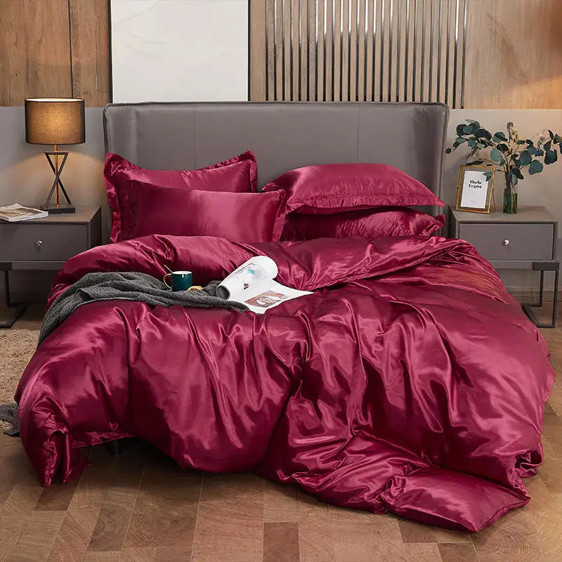 Housse de Couette en Satin Rouge + kit coussin