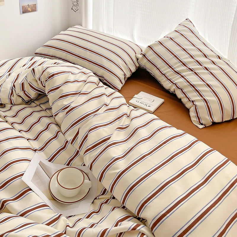 Kit Housse de couette + Taie Raye Blanc/Marron
