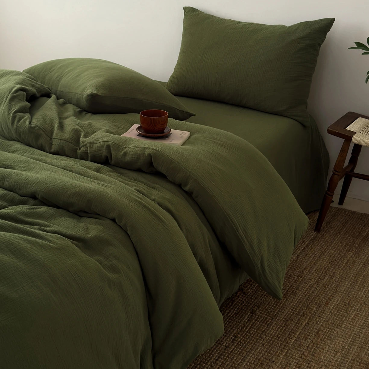 KIT Housse de couette + taie 100% coton fil froissé VERT