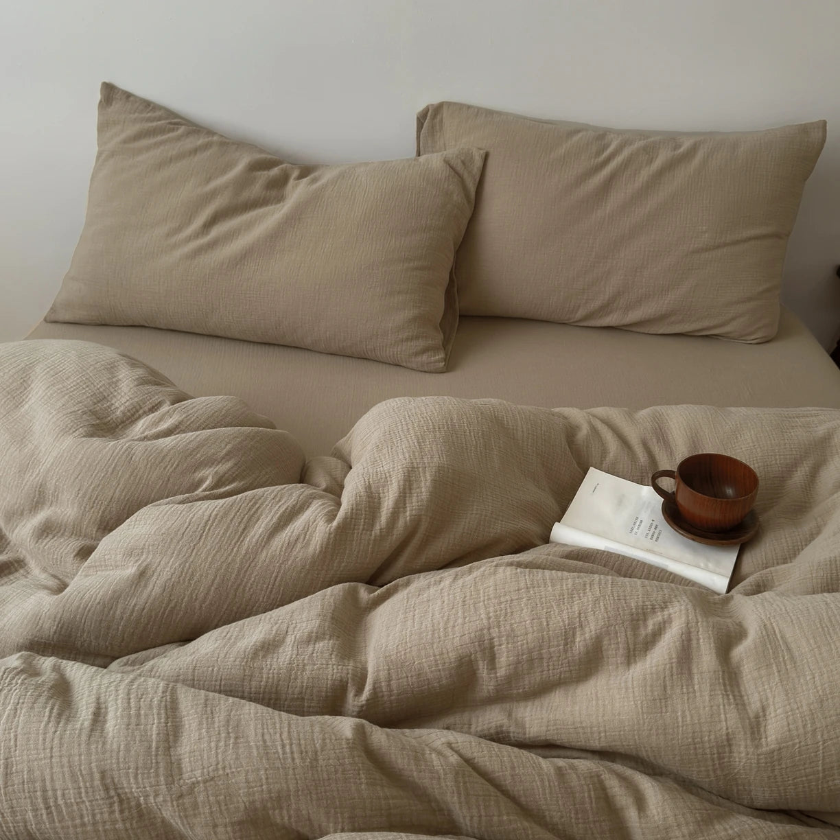 KIT Housse de couette + taie 100% coton fil froissé Beige