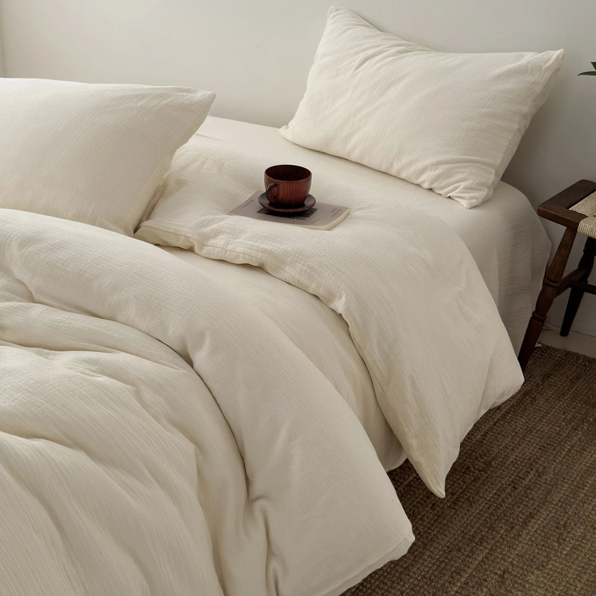 KIT Housse de couette + taie 100% coton fil froissé BLANC