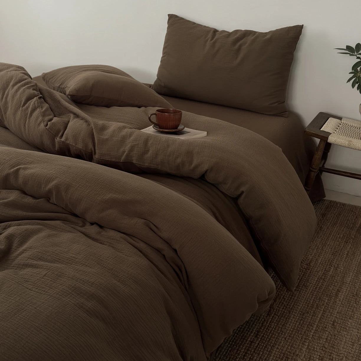 KIT Housse de couette + taie 100% coton fil froissé Marron
