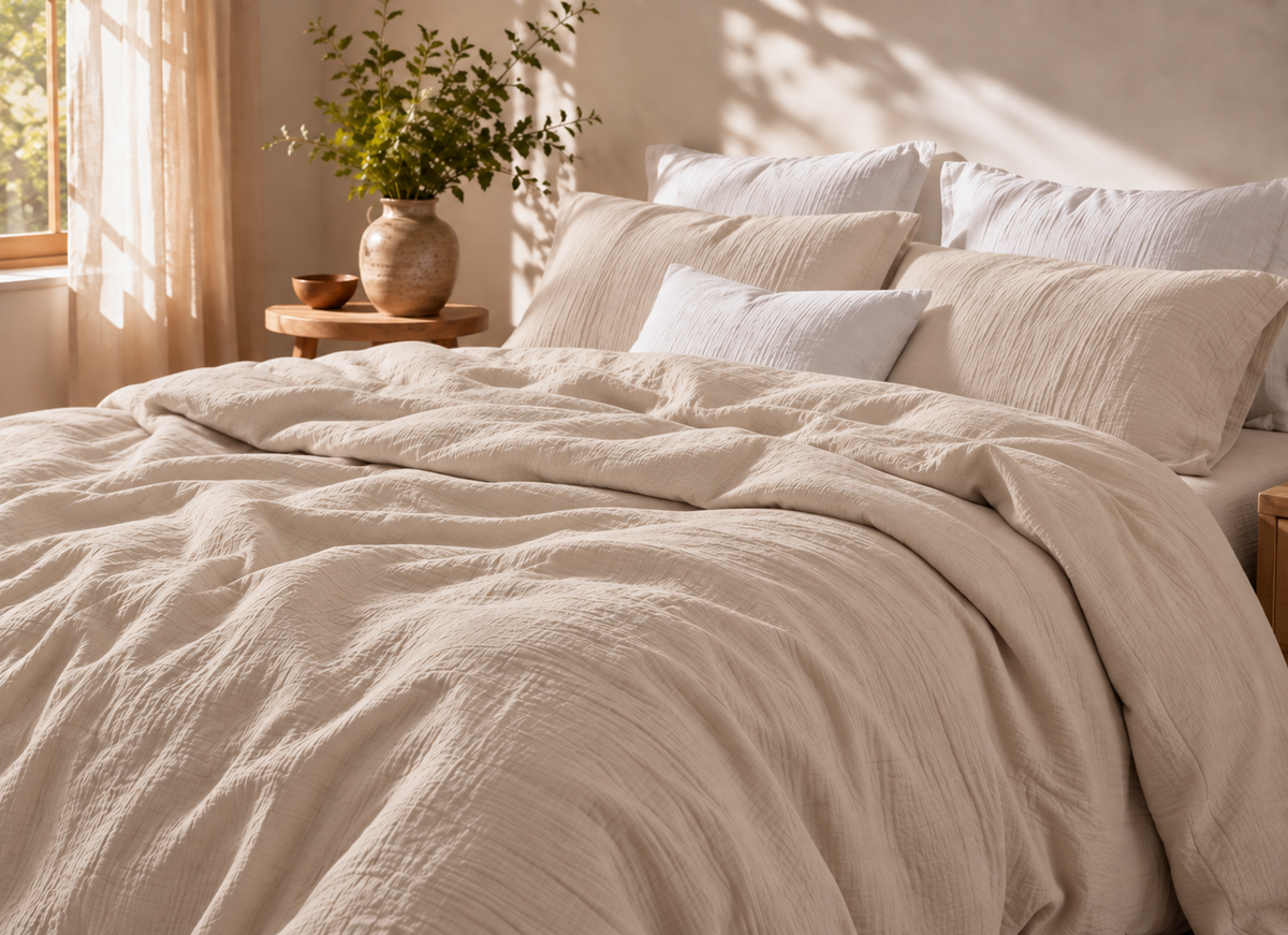 Parure de lit en coton fil froissé Avoine, housse de couette et taies d'oreiller assorties – Atelier Somey