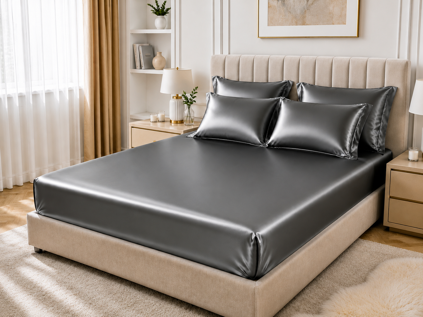 Drap Housse en Satin Gris