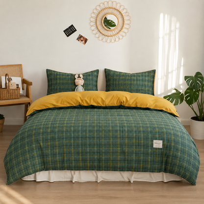 Parure de lit en coton Carreau Émeraude, housse de couette et taies d'oreiller assorties – Atelier Somey
