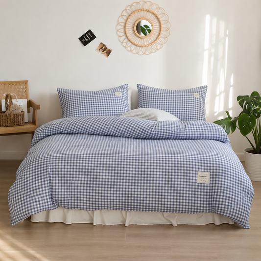 Parure de lit en coton - Vichy Azur