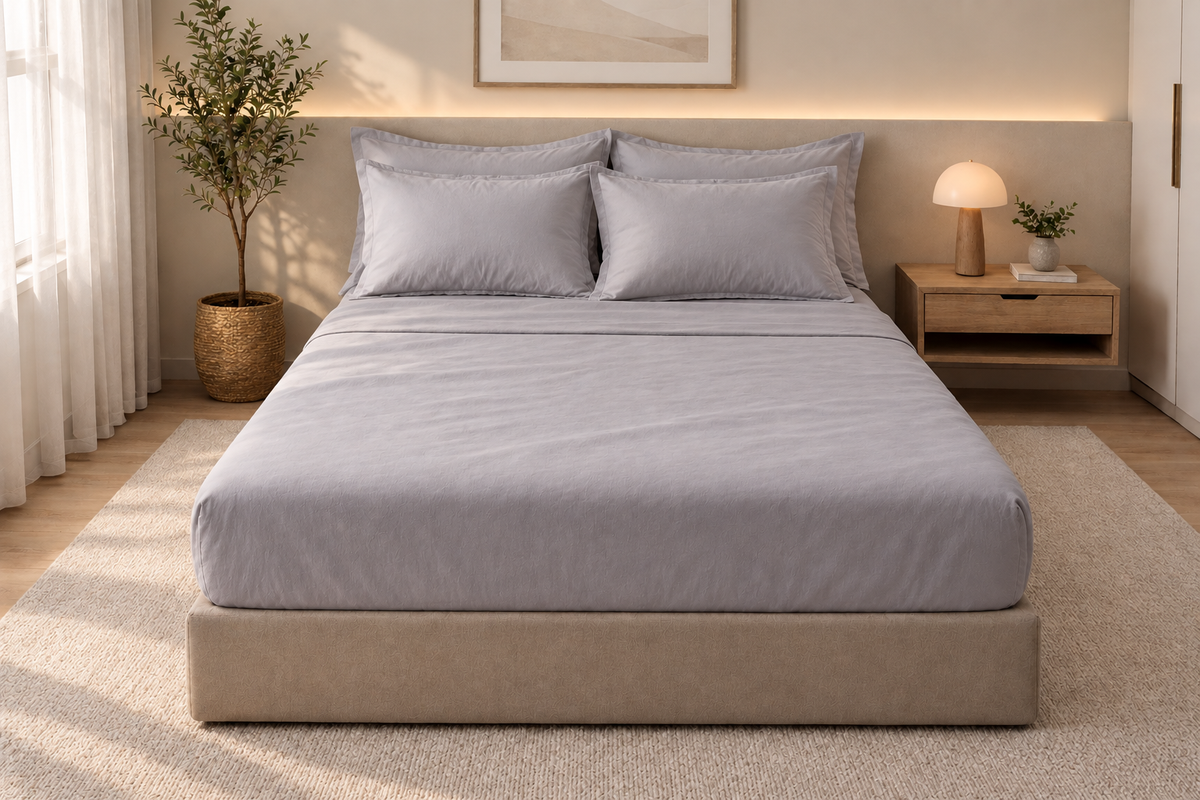 Drap-housse en coton Gris Brume – vue 2 – Atelier Somey