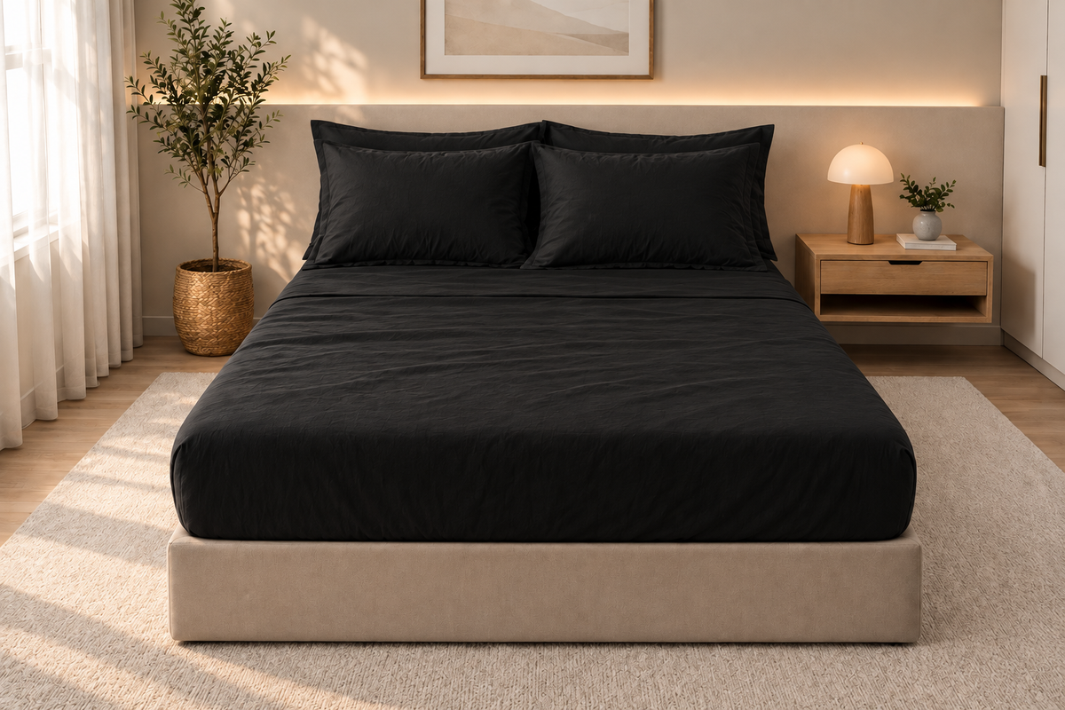 Drap-housse en coton Noir Éclipse – vue 2 – Atelier Somey