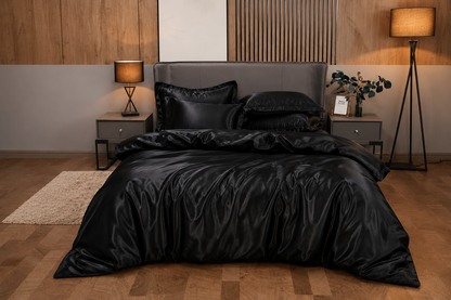 Parure de lit en satin Noir Onyx, housse de couette et taies d'oreiller assorties – Atelier Somey