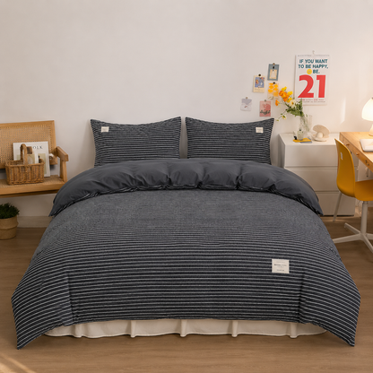 Parure de lit en coton Marinière Réglisse, housse de couette et taies d'oreiller assorties – Atelier Somey