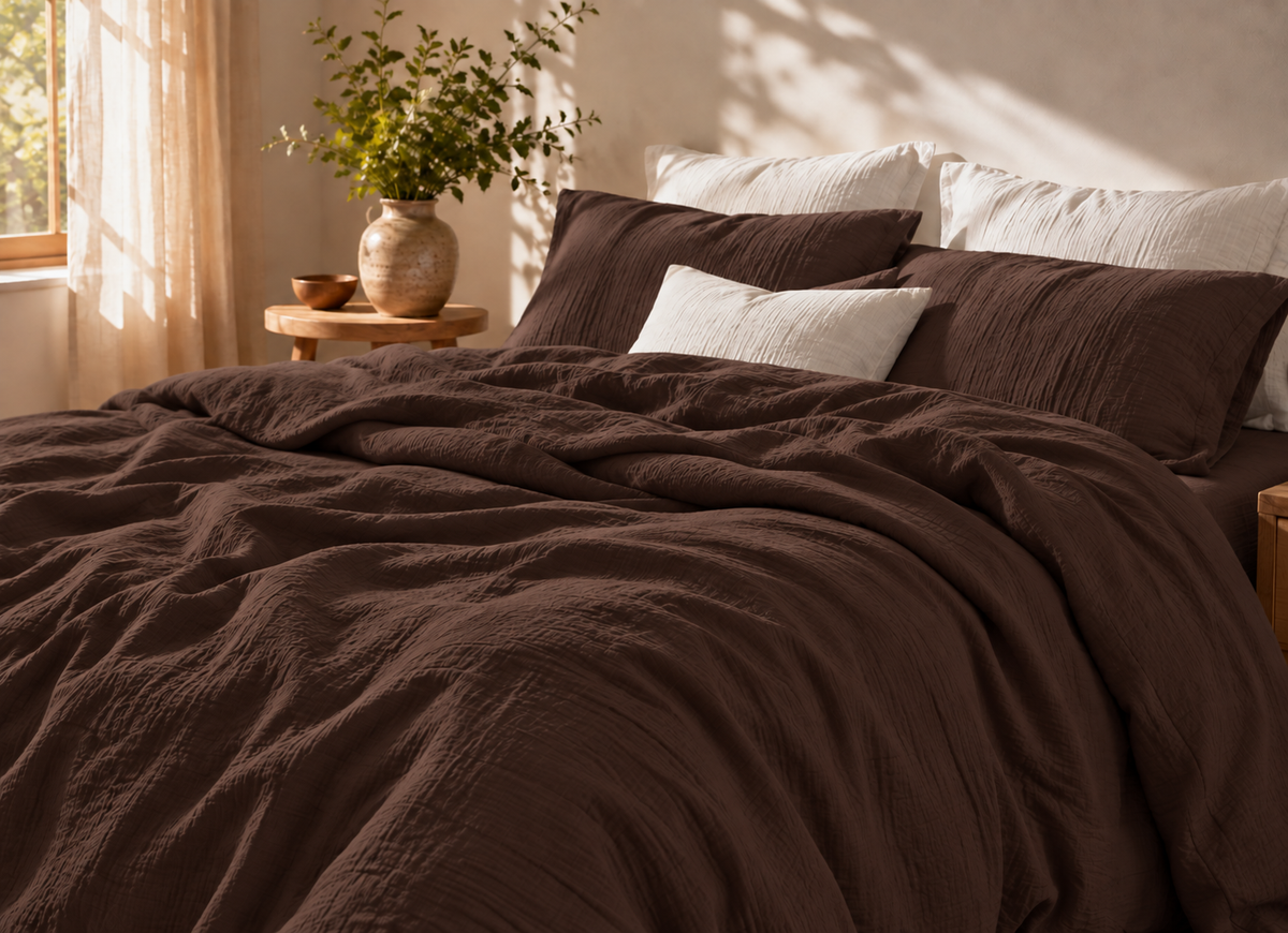 Parure de lit en coton fil froissé Cacao, housse de couette et taies d'oreiller assorties – Atelier Somey