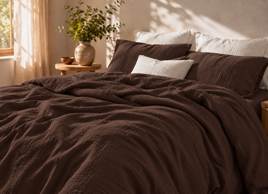 Parure de lit en coton fil froissé Cacao, housse de couette et taies d'oreiller assorties – Atelier Somey