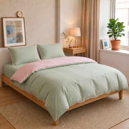 Parure de lit réversible en coton Feuille & Rosée, housse de couette et taies d'oreiller assorties – Atelier Somey