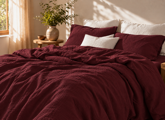 Parure de lit en coton fil froissé Lie de Vin, housse de couette et taies d'oreiller assorties – Atelier Somey