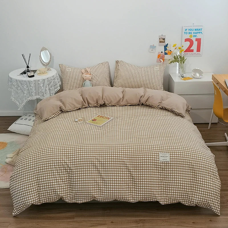 Housse de couette en coton vichy beige