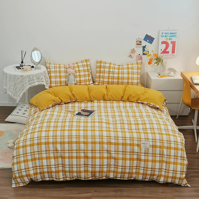 Housse de couette en coton vichy jaune blanc