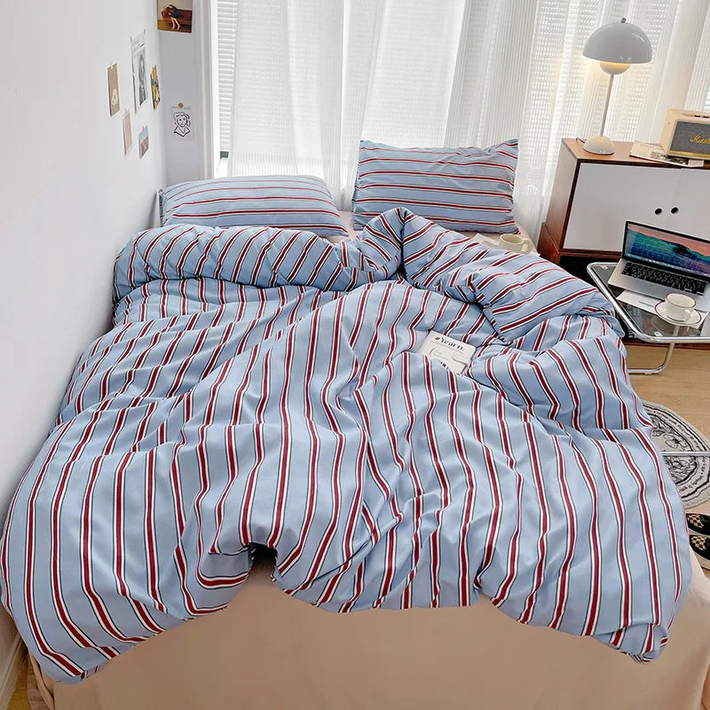 Kit Housse de couette + Taie Raye Bleu/Bordeaux