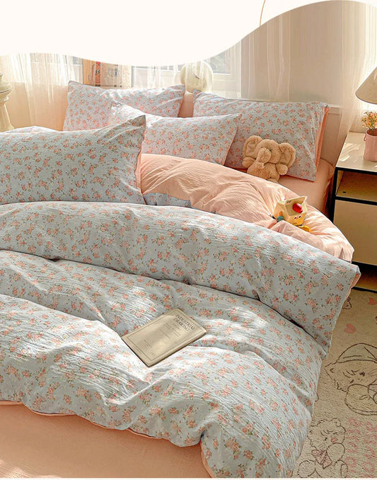 Housse de couette fleur bleu/rose