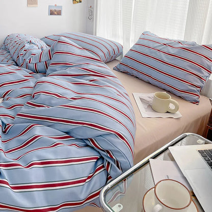 Kit Housse de couette + Taie Raye Bleu/Bordeaux