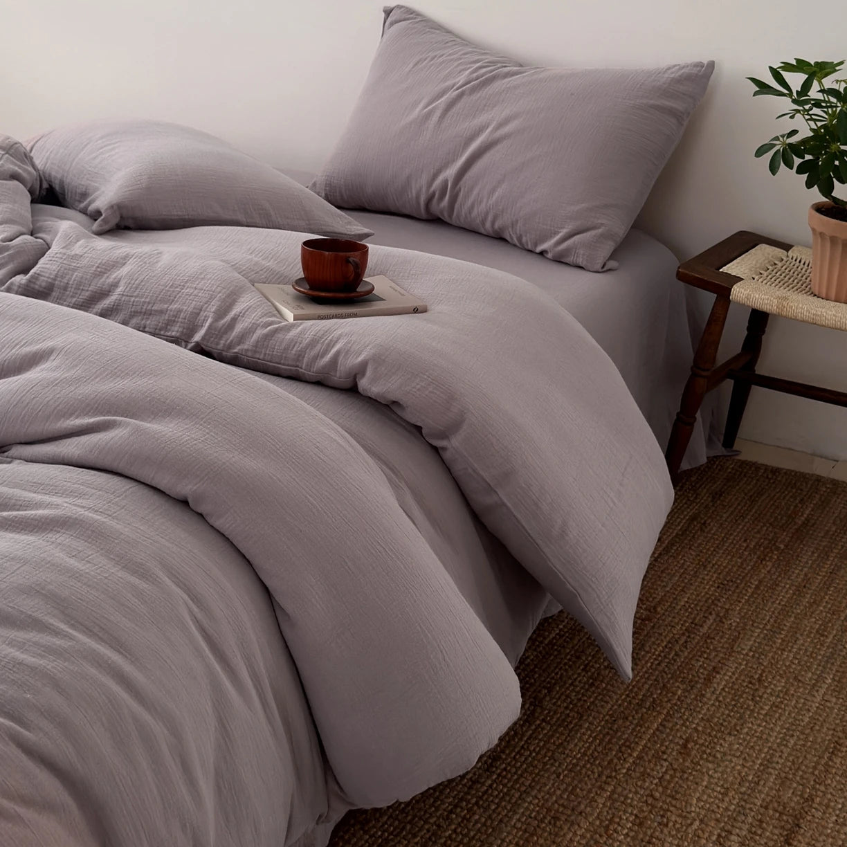 KIT Housse  de couette + taie 100% coton fil froissé violet