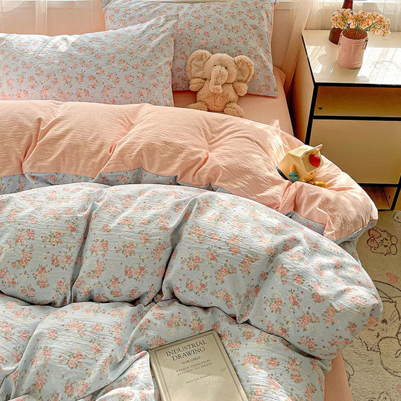 Housse de couette imprimé Fleur bleu/rose