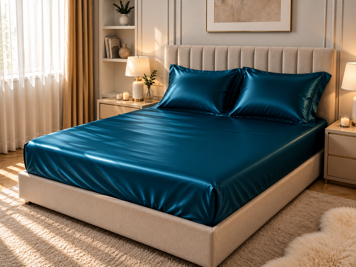 Drap-housse en satin Bleu – vue 2 – Atelier Somey
