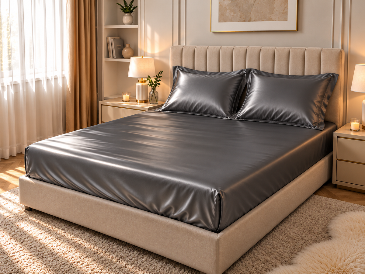 Drap-housse en satin Gris – vue 2 – Atelier Somey
