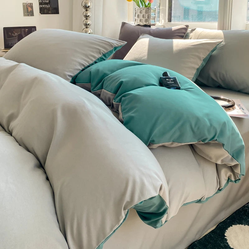 Kit Housse de couette + Taie Reversible Gris / Vert