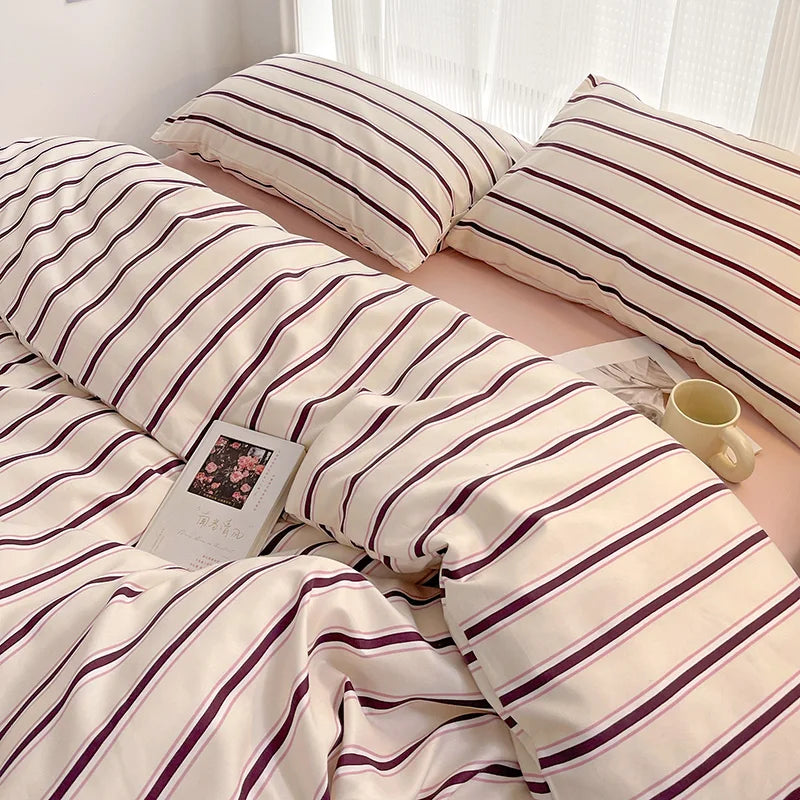 Kit Housse de couette + Taie Raye Blanc/Bordeaux