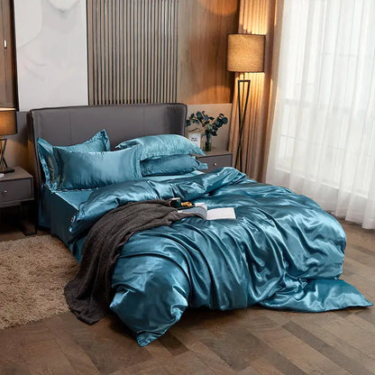 Housse de Couette en Satin Bleue + kit coussin
