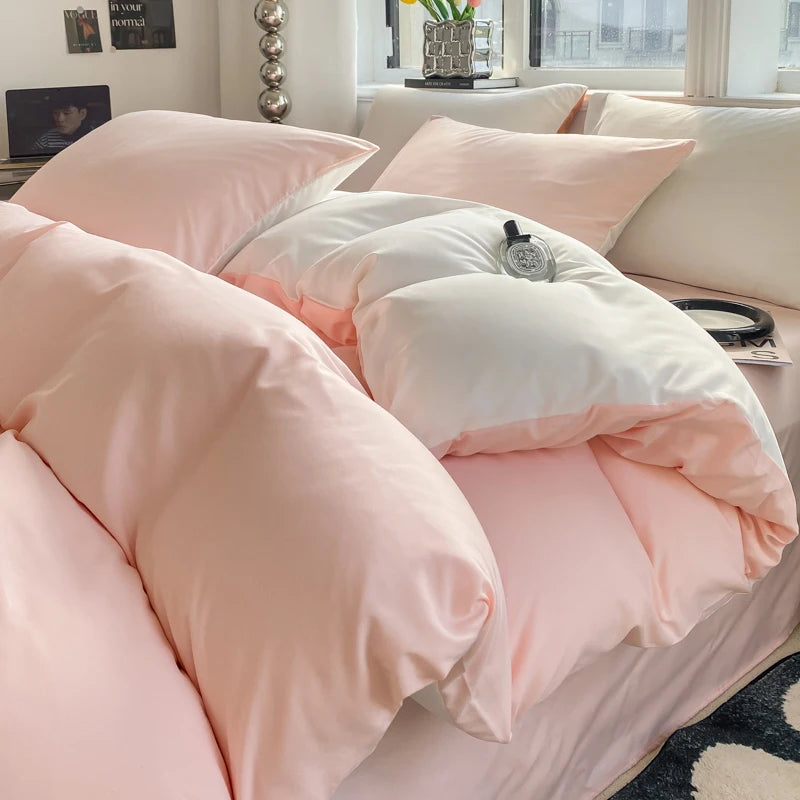 Kit Housse de couette + Taie Reversible Rose/Blanc