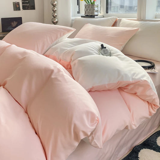 Kit Housse de couette + Taie Reversible Rose/Blanc