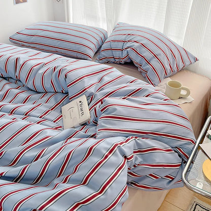 Kit Housse de couette + Taie Raye Bleu/Bordeaux