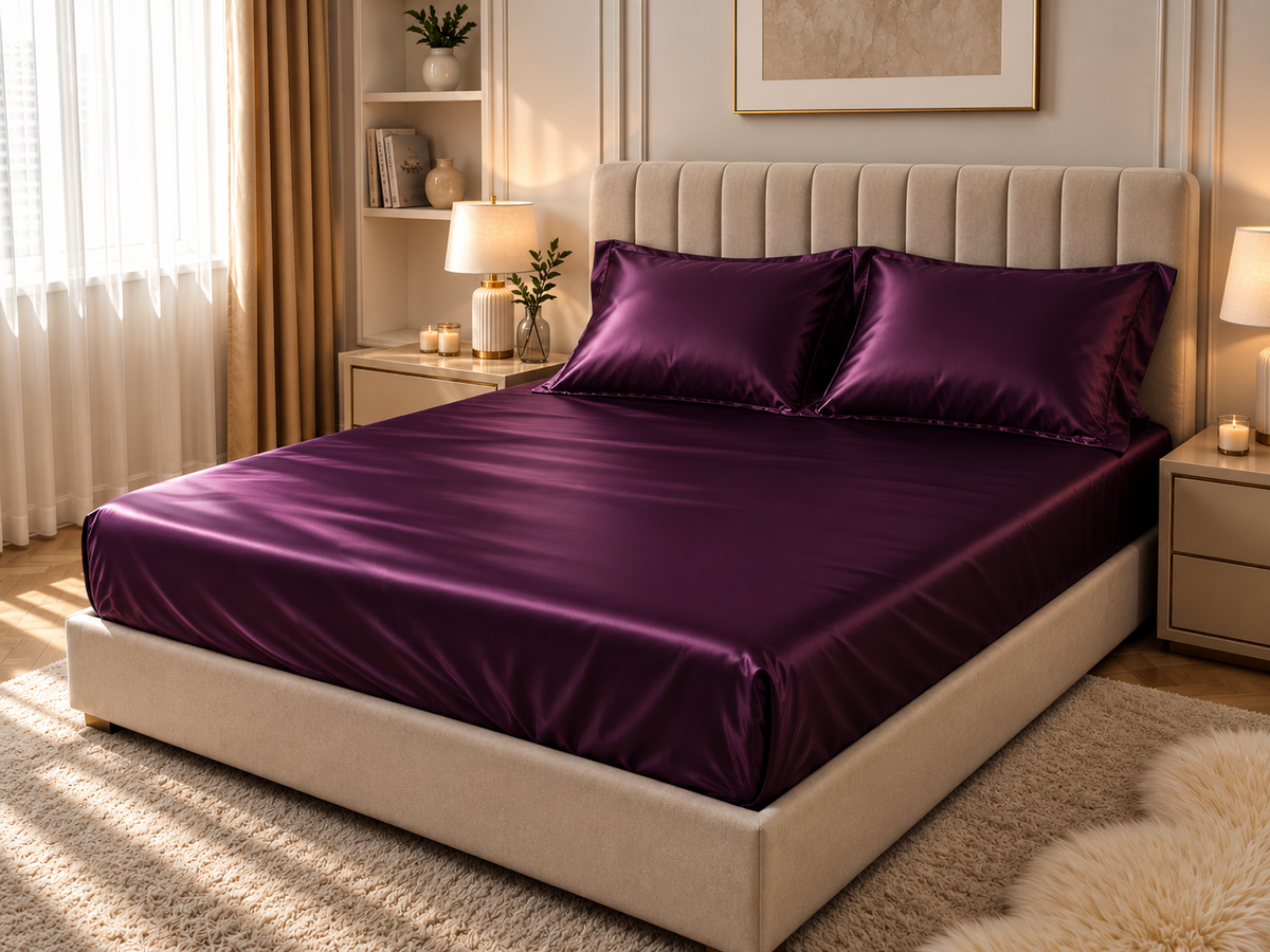 Drap-housse en satin violet – vue 2 – Atelier Somey